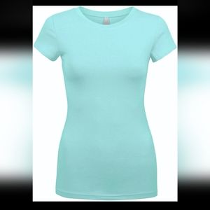 Aqua blue round neck crew short sleeve basic casual cotton solid tshirt top